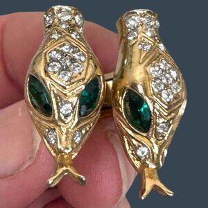 Vtg Coro Gold Snake Serpent Head Cufflinks Emerald Green Rhinestone Eyes READ